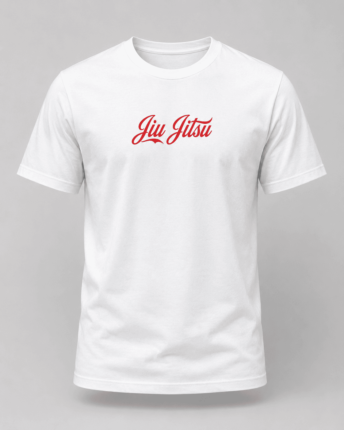 White tee with Jiu Jitsu printed in red bottle script, bottle seal on the back